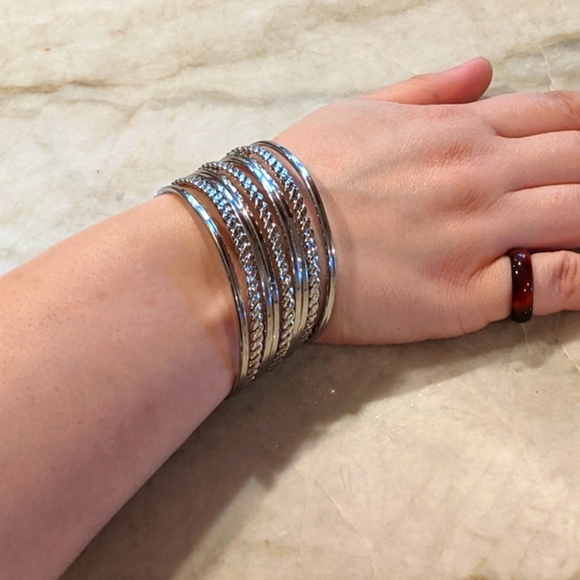 Stacked Silver Tone Cuff Bracelet Multi-Row Bangles - Picture 4 of 8
